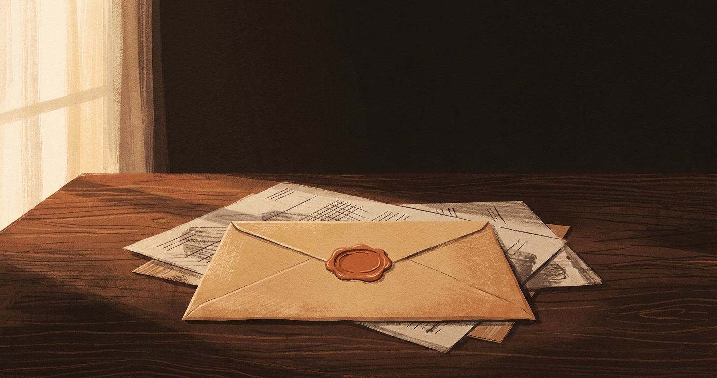 Editorial illustration of a single sealed envelope on a dark desk, a terracotta wax seal catching warm directional light from the upper left, faint structured lines suggesting a document behind it.