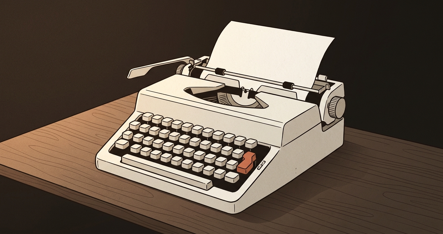 Editorial illustration of a vintage typewriter on a wooden desk, three-quarter view, one terracotta-accented key on the keyboard, blank paper rolled into the carriage, warm dark background with soft directional light from upper left.