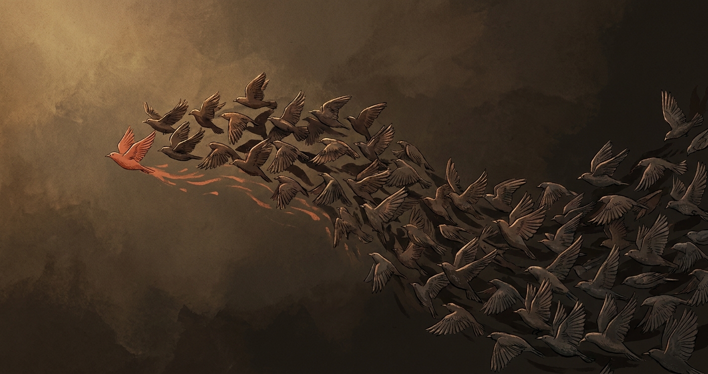 Editorial illustration of a murmuration of starlings wheeling into a single sweeping shape against a warm dark sky, one bird picked out in terracotta near the leading edge, with soft warm directional light from the upper left.