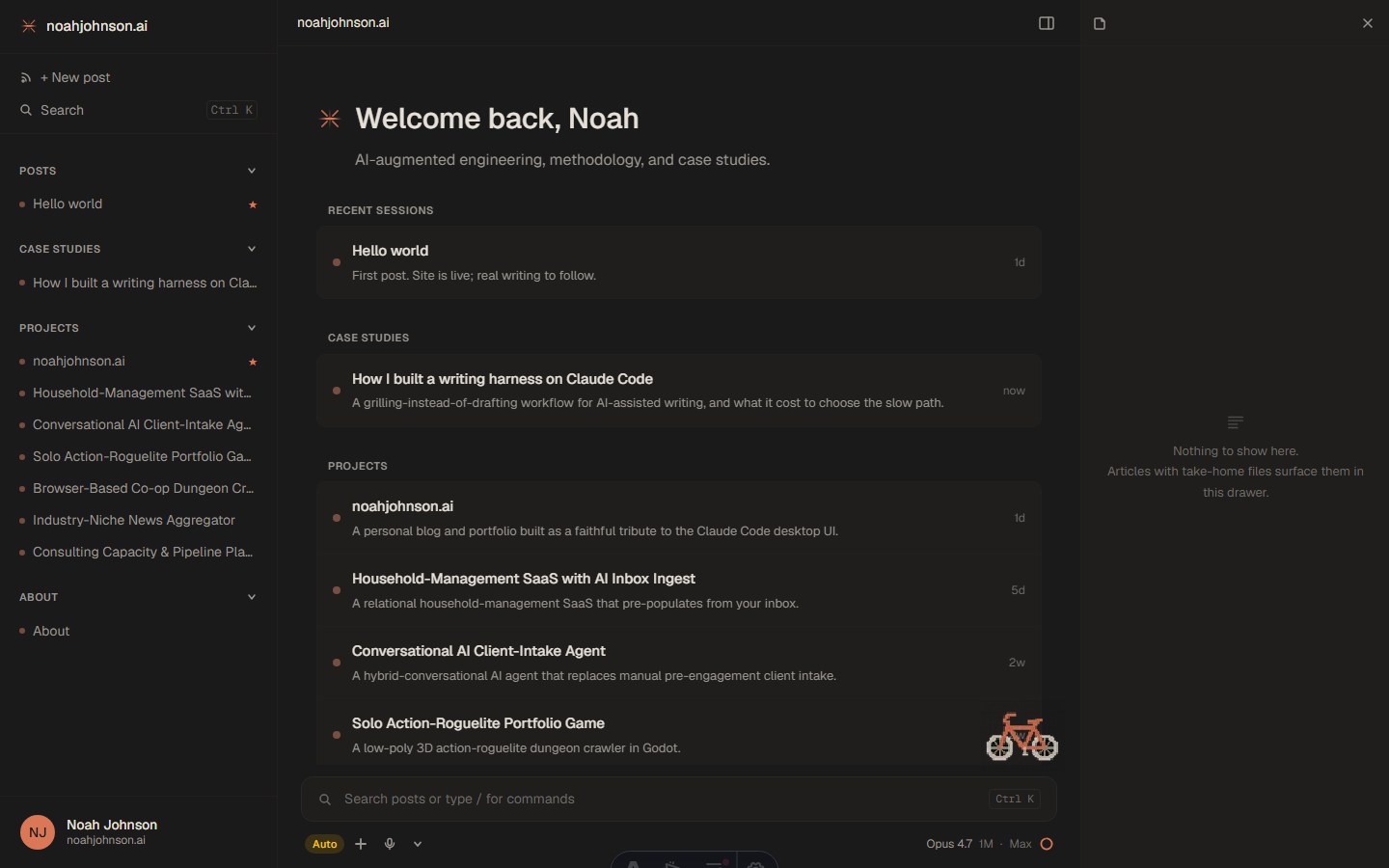 noahjohnson.ai home page — Claude Code-inspired UI with sidebar of session-style entries, welcome hero, session cards, and the bike mascot above the search bar.